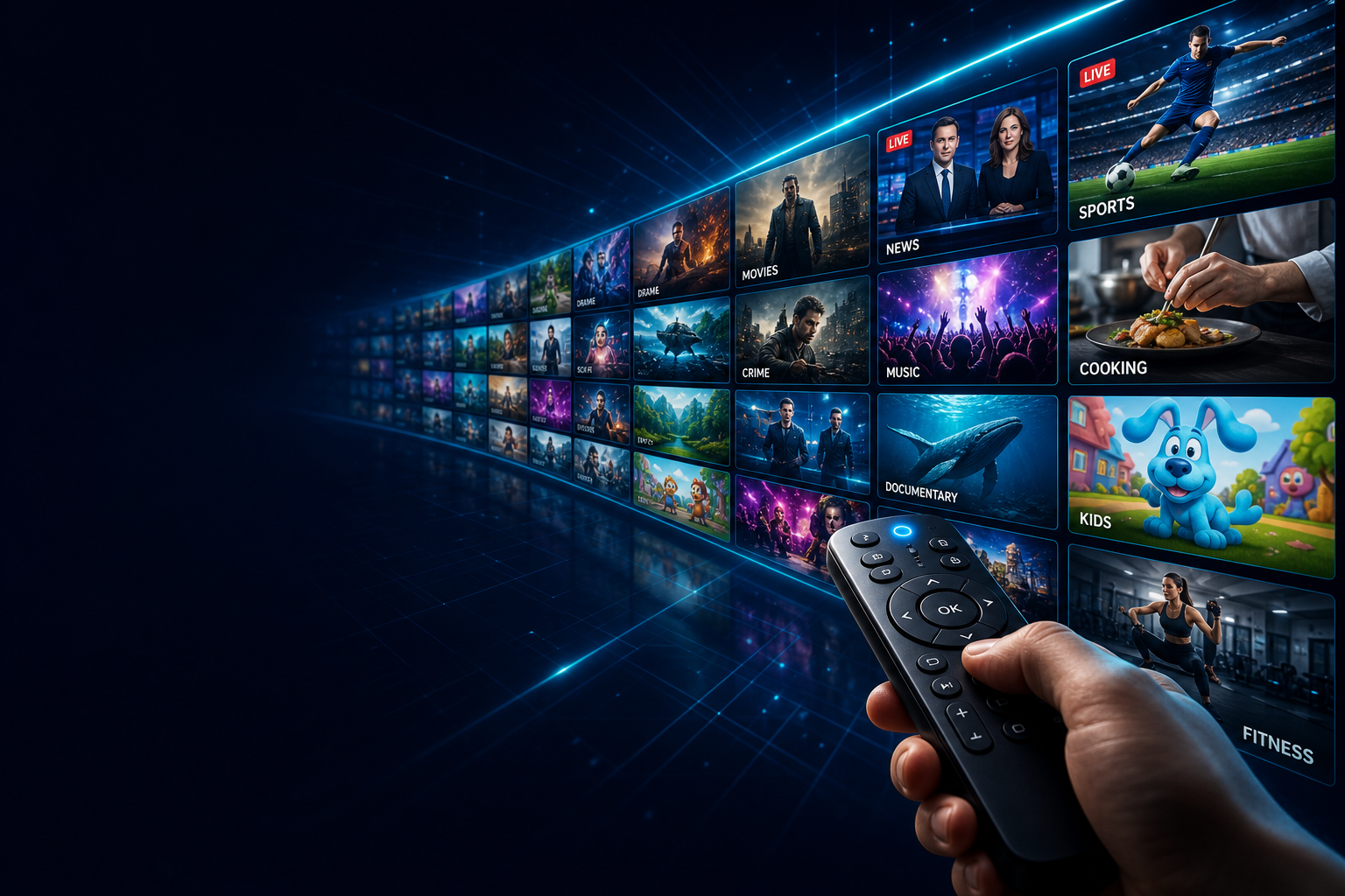 Channelwall OTT framework delivering linear and non-linear content across a wall of channels